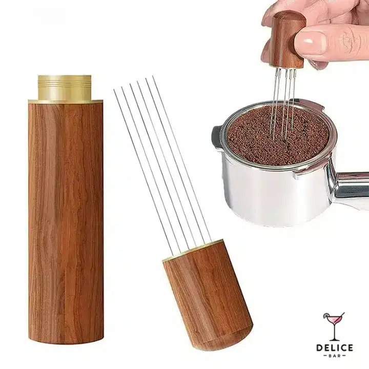 Agitateur a cafe avec 8 aiguilles en acier inoxydable et support en bois marron