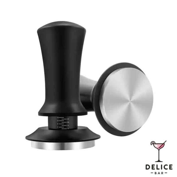 Tamper cafe expresso noir et argenté en acier inoxydable