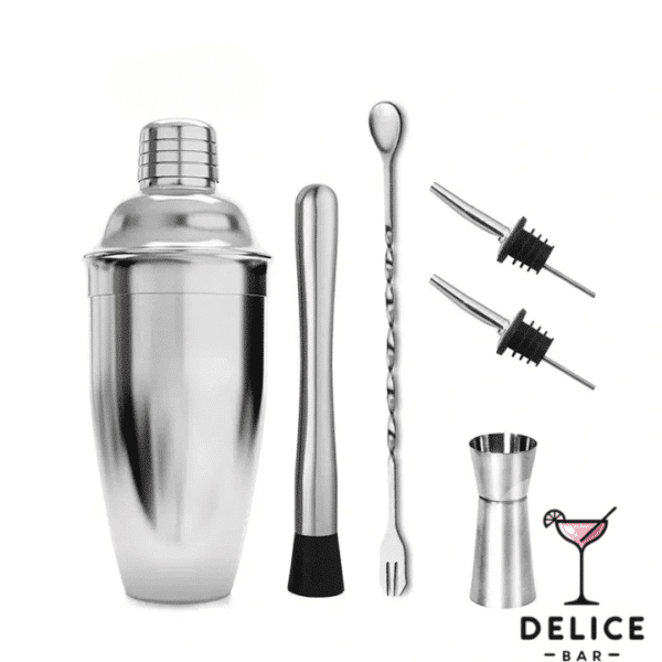 Kit shaker cocktail et ses accessoires : pilon, cuillère, jigger, becs verseurs, en acier inoxydable de couleur argent