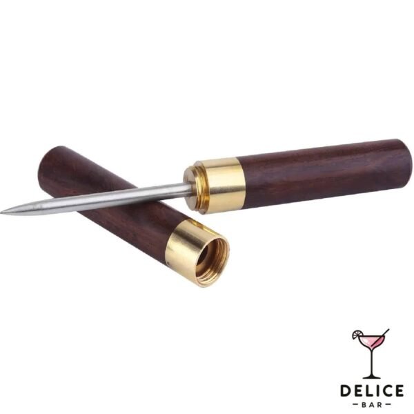 Pic à glace avec couvercle, couleur chocolat. Muni d'un pic en acier inoxydable. Le pic à glace est en forme de stylo.