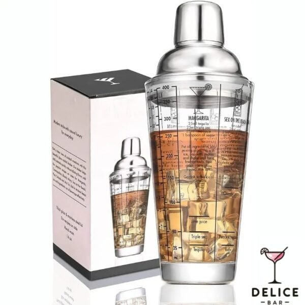 Shaker transparent millimétré avec guide pratique des cocktails les plus populaires Bouchon argentée en inox et verre borosilicate transparent de haute qualité