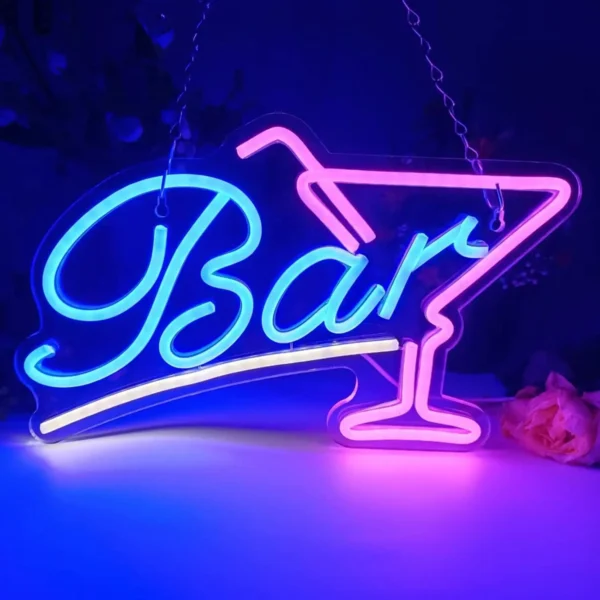 Néon Bar bleu et verre à martini rose 1