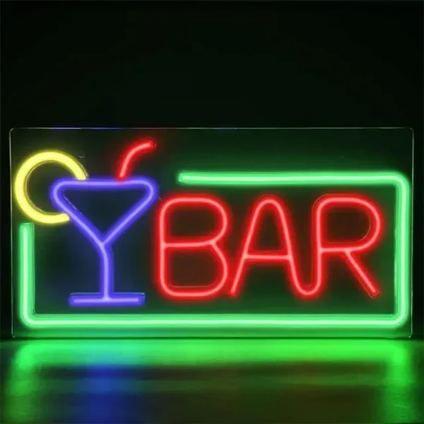 Néon enseigne BAR rouge & verre bleu