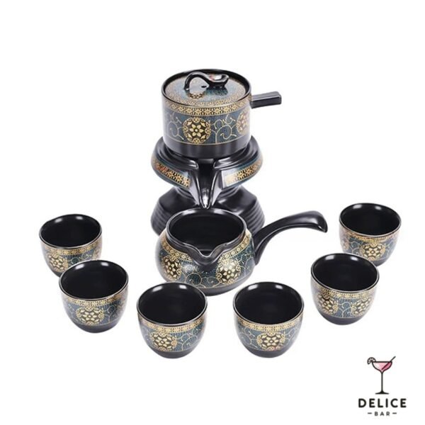 Service à thé chinois en céramique noire avec motifs dorées et bleus – Set complet avec théière, verseuse et 6 tasses