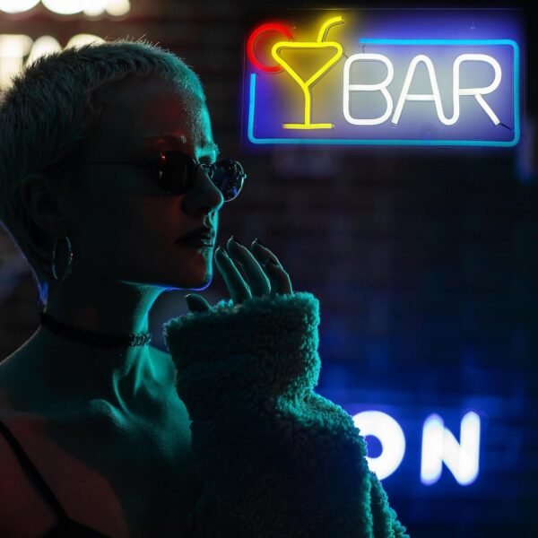 Néon enseigne BAR blanc & verre jaune – Image 3