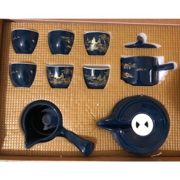 Service à thé chinois en céramique bleue – Set complet avec théière, verseuse et 6 tasses – Image 5