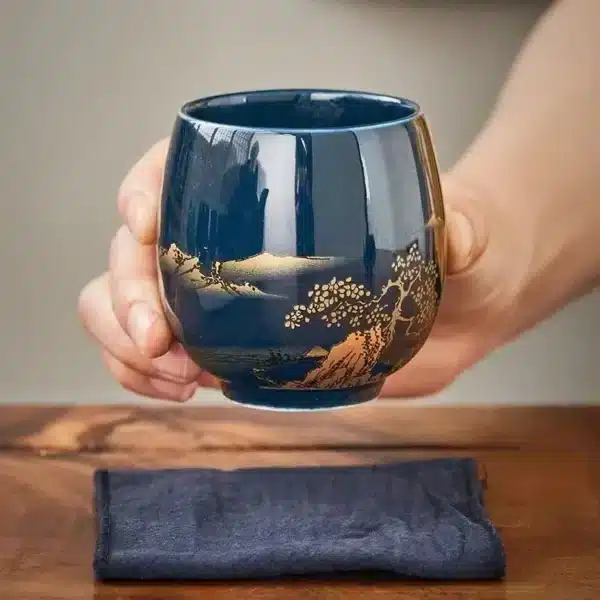 Tasse japonaise en céramique bleu 180 ml – style traditionnel avec motif doré pagode et cerisier – Image 3