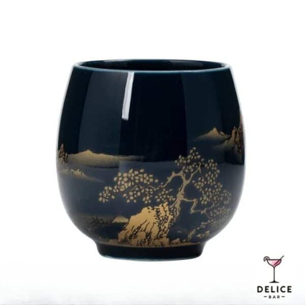Tasse japonaise en céramique bleu 180 ml – style traditionnel avec motif doré montagne et cerisier